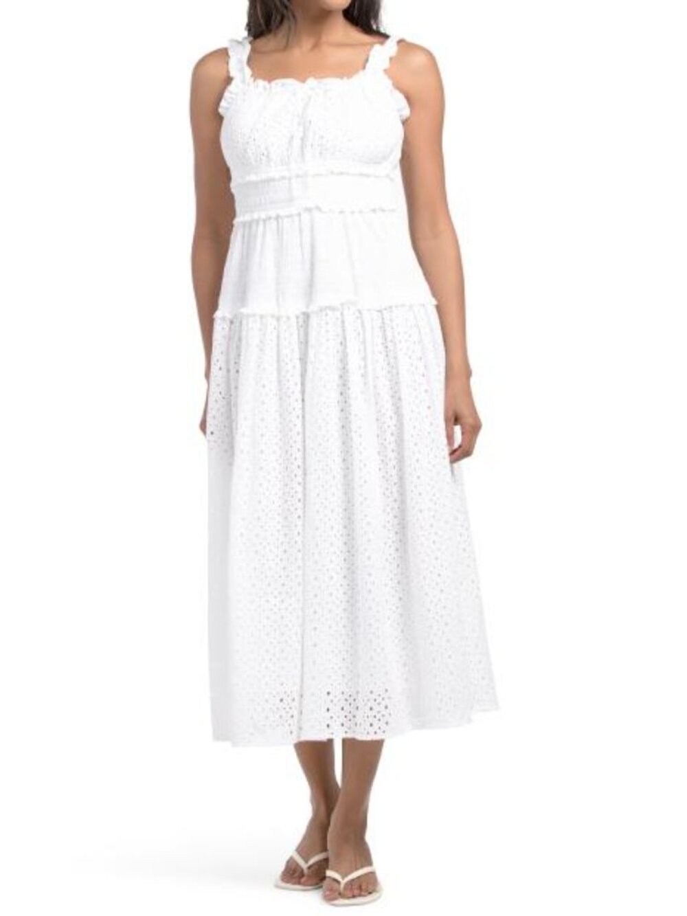 ELIE TAHARI Sleeveless Square Neck Smocked Waist Embroidered Midi Dress